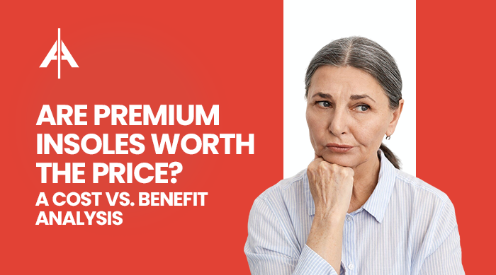 Cost–benefit analysis visual featuring a woman considering premium insole investment.