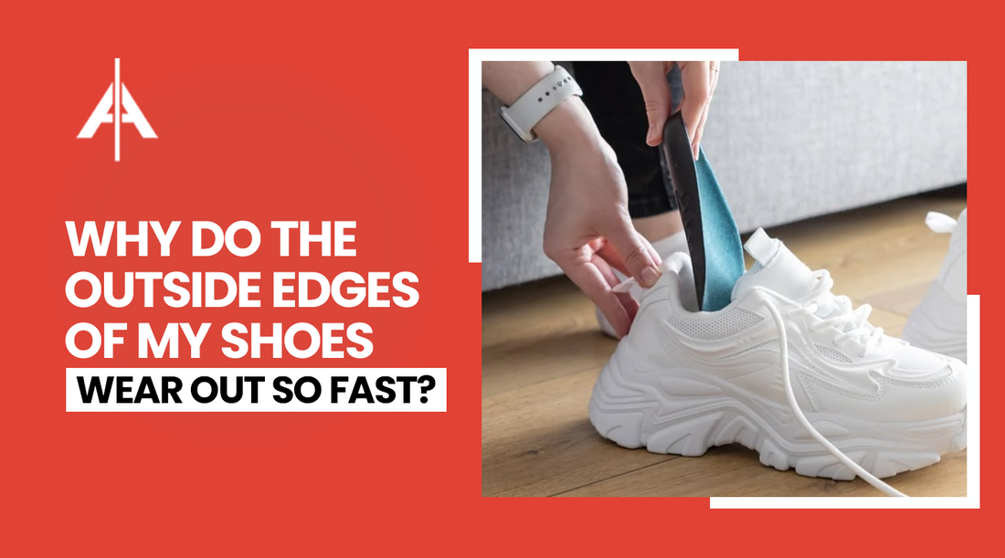 Outside edges of worn shoes showing outer-edge wear from foot alignment and pressure patterns.