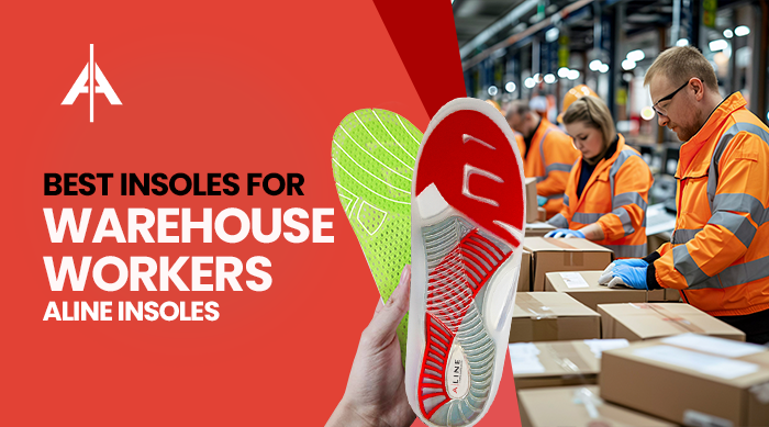 Warehouse worker wearing supportive insoles inside work boots while standing on a concrete floor during a long shift.
